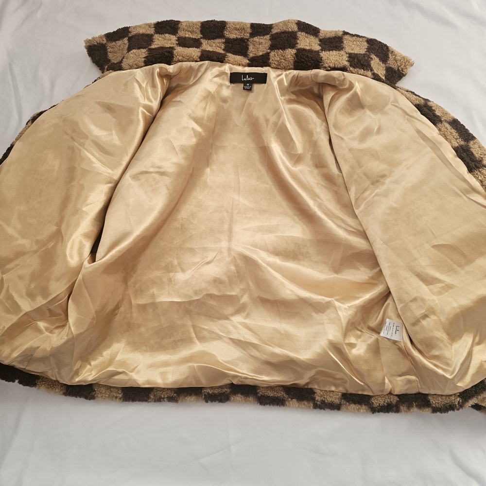 Lulus On My Checklist Tan and Brown Checkered Cropped Teddy Jacket - Picture 11 of 15